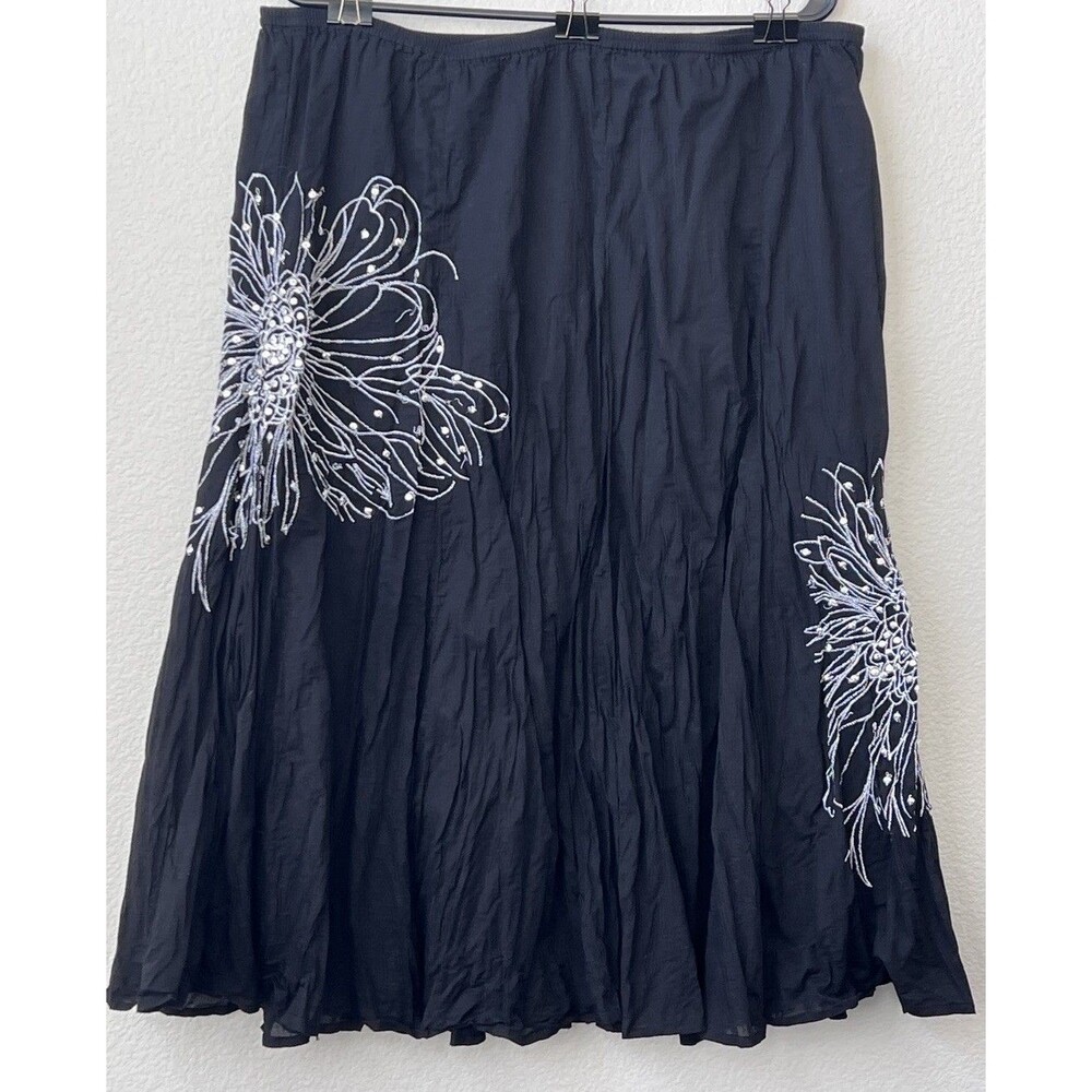 Style And Co Embroidered Black Floral Midi Skirt XL Cotton Gauze Boho Crinkle